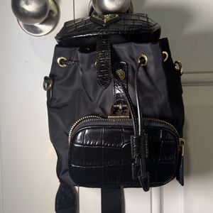 Prada mini bucket bag backpack. Nylon and croc embossed details.